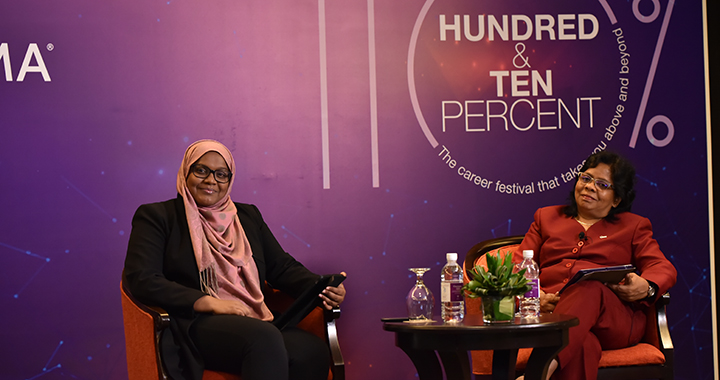 Zahara Ansary, ACMA, CGMA, (left) talks to CIMA Vice-President Melanie Kanaka, FCMA, CGMA.