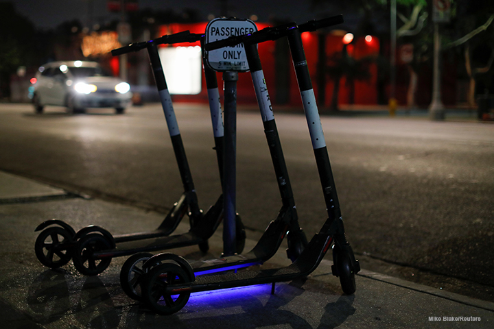 Bird electric scooters placed along Melrose Avenue in Los Angeles.