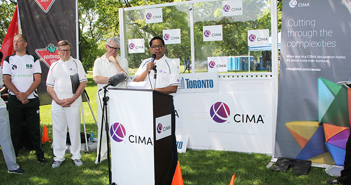 CIMA President Amal Ratnayake, FCMA, CGMA, speaks at the CIMA Mayor’s Trophy cricket event in Toronto.
