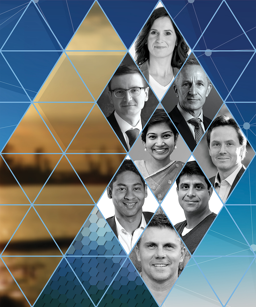 Finance leaders (from top): Magdalena Wereda-Kolasinska, FCMA, CGMA, finance director of Unilever Poland AS; Sergey Mamonin, ACMA, CGMA, CFO of CIS (Commonwealth of Independent States), PepsiCo.; Matthew Hurn, OBE, FCMA, CGMA, CFO for the Disruptive Investments platform at Mubadala Investment Company; Jesmin Ehsan, ACMA, CGMA, business controller of Singapore, Brunei, Philippines, and Pacific Islands, Ericsson; James Miln, ACMA, CGMA, senior vice-president of finance and investor relations, Yelp; Rajiv Chinniah, ACMA, CGMA, CA (ANZ), CPA (Australia), CFO of Australia and New Zealand, COTY; Rohit Kharbanda, FCMA, CGMA, CPA (Australia), senior director of InterContinental Hotels Group (Pvt) Ltd., India; and Darren Snellgrove, chief finance and operations officer and vice-president of finance, Janssen Global R&D.