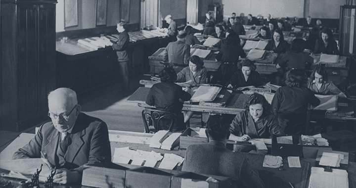 Guinness factory, 1948 Guinness employees, circa 1948, kept track of the casks that went out to customers and were returned.