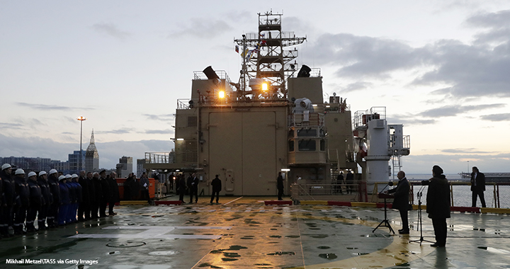 A flag-raising ceremony takes place in St. Petersburg, Russia, in November aboard a new icebreaker intended for use in the Northern Sea Route.