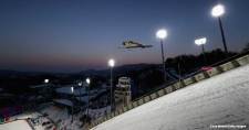 Philipp Aschenwald of Austria in action at the ski jumping centre that will host the event for the 2018 Winter Olympics in February.