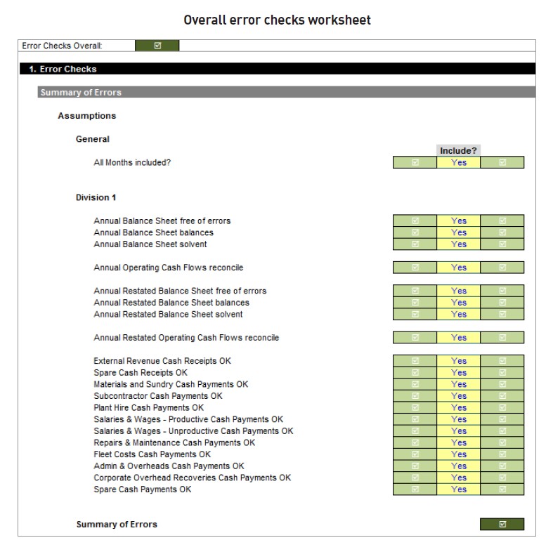 Screenshot of overall error checks worksheet