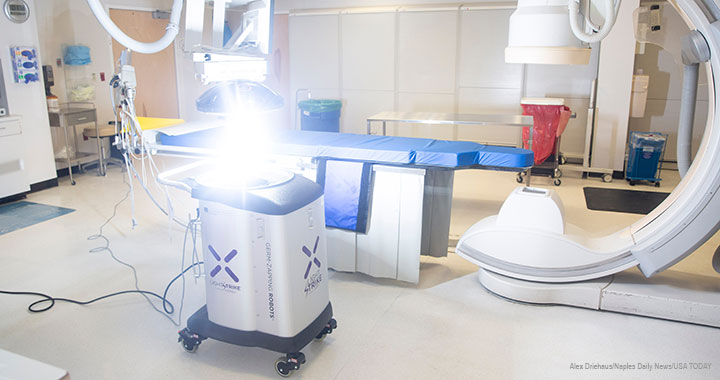 A Xenex LightStrike Germ-Zapping robot uses pulsed xenon ultraviolet light to disinfect a room at NCH Baker Hospital Downtown in Naples, Florida, in the US. Robotics is increasingly being used in various medical applications. A Xenex LightStrike Germ-Zapping robot uses pulsed xenon ultraviolet light to disinfect a room at NCH Baker Hospital Downtown in Naples, Florida, in the US. Robotics is increasingly being used in various medical applications.