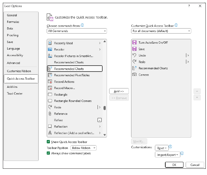 Adding Recommended Charts to the Quick Access Toolbar